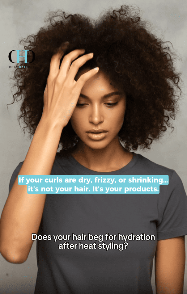 Woman touching curly hair, thinking about hydration.
