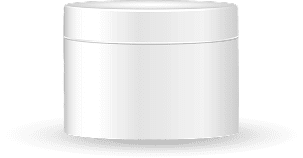 White cylindrical cosmetic jar on black background.