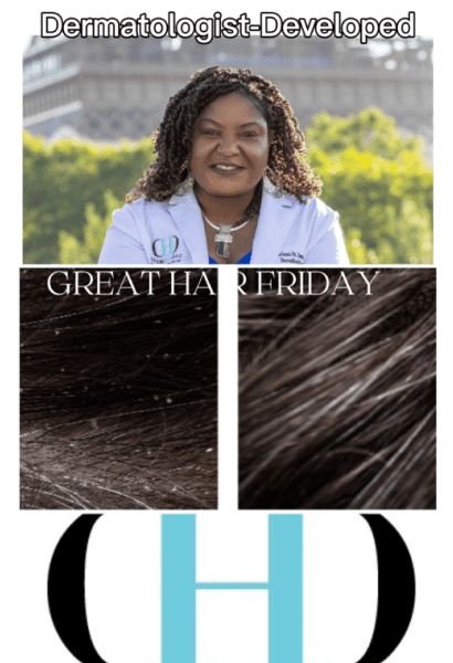 Dermatologist with hair products and logo.