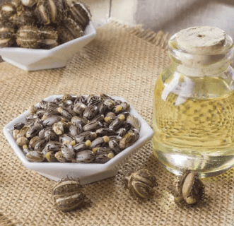 Castor seeds and oil on burlap cloth.